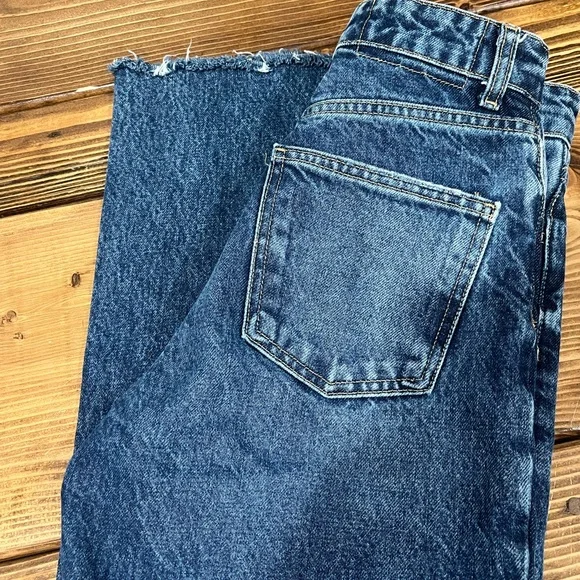 Zara Dark Blue Denim High Waist Wide Leg Jeans Pants Frayed Hem - Picture 4 of 8